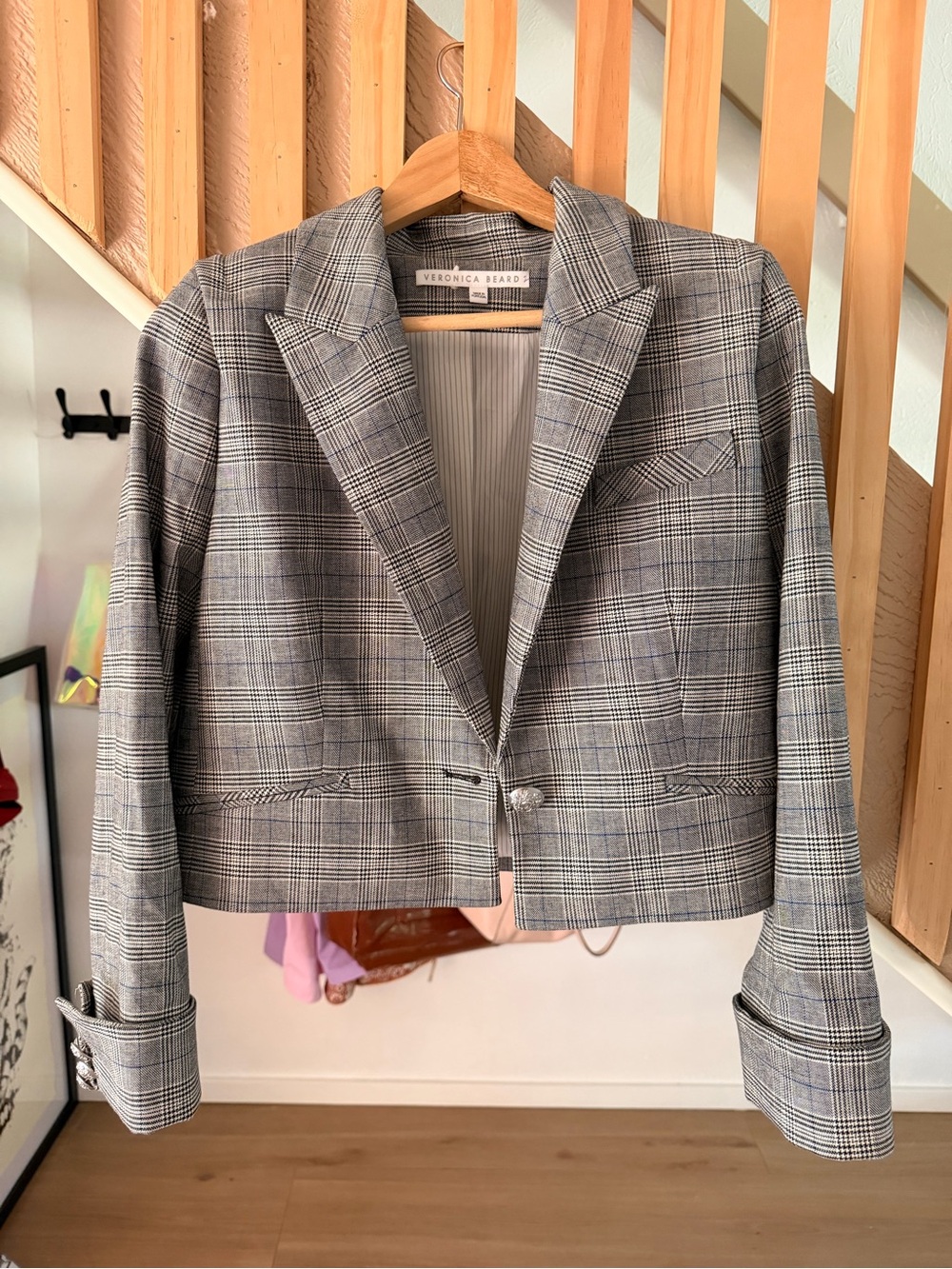 Veronica Beard Black and White Plaid Cropped Blazer